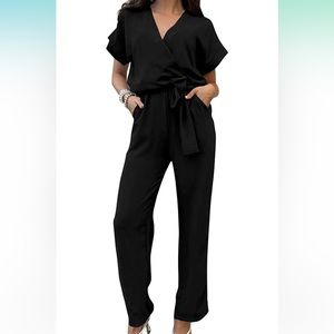 Women's Jumpsuit - Casual Short Sleeve Wrap V Neck Belted Wide Leg Pants